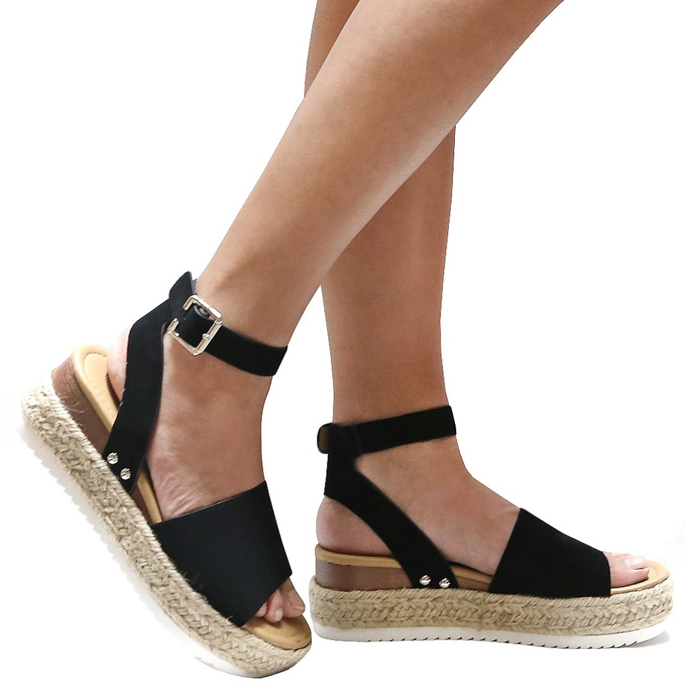 New Black Flatform Espadrille Platform Sandals - Picture 2 of 4